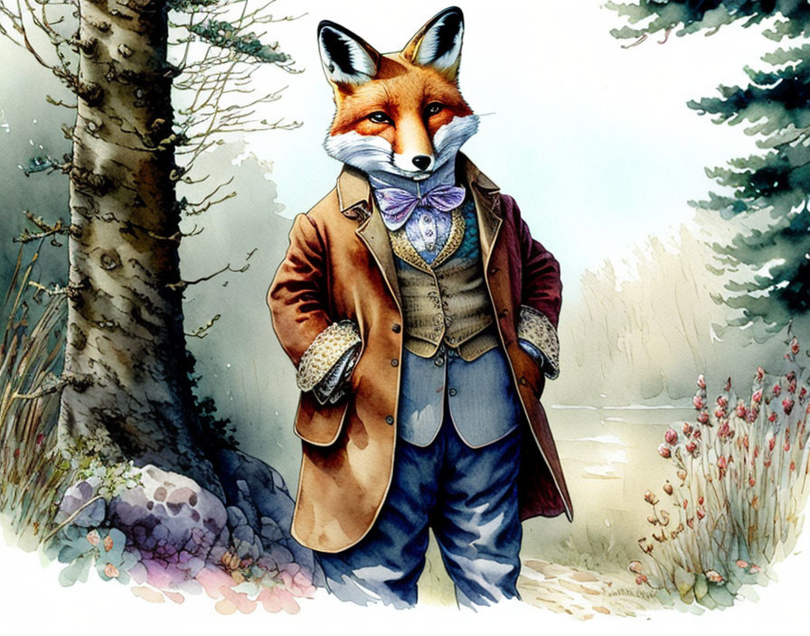 Dapper fox in suit with bow tie in woodland setting