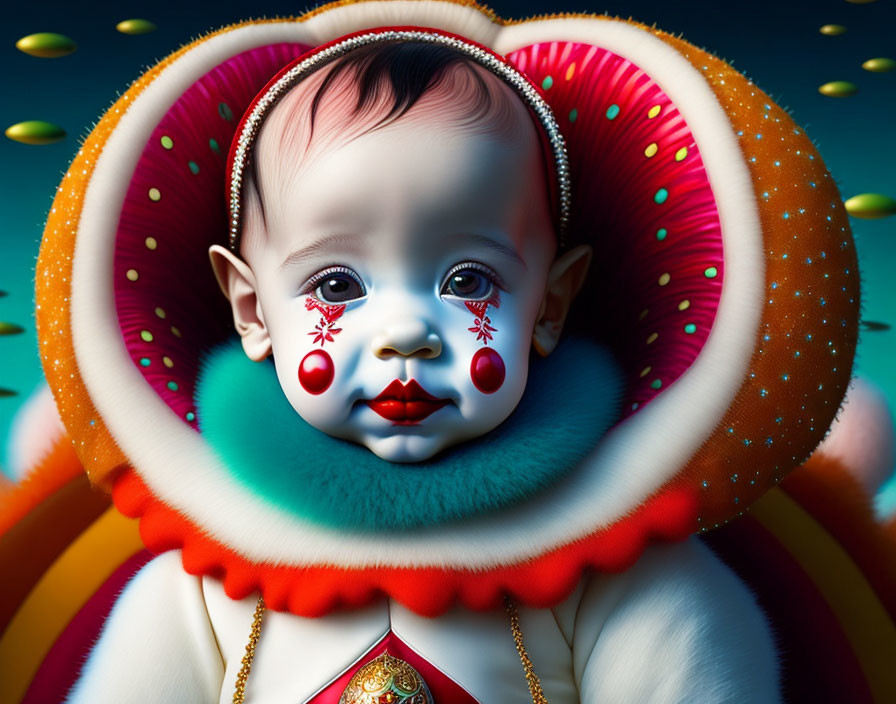 Colorful Baby Illustration with Layered Collars and Fantasy Makeup