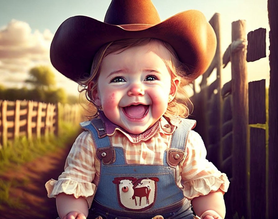 Smiling baby in cowboy attire near wooden fence