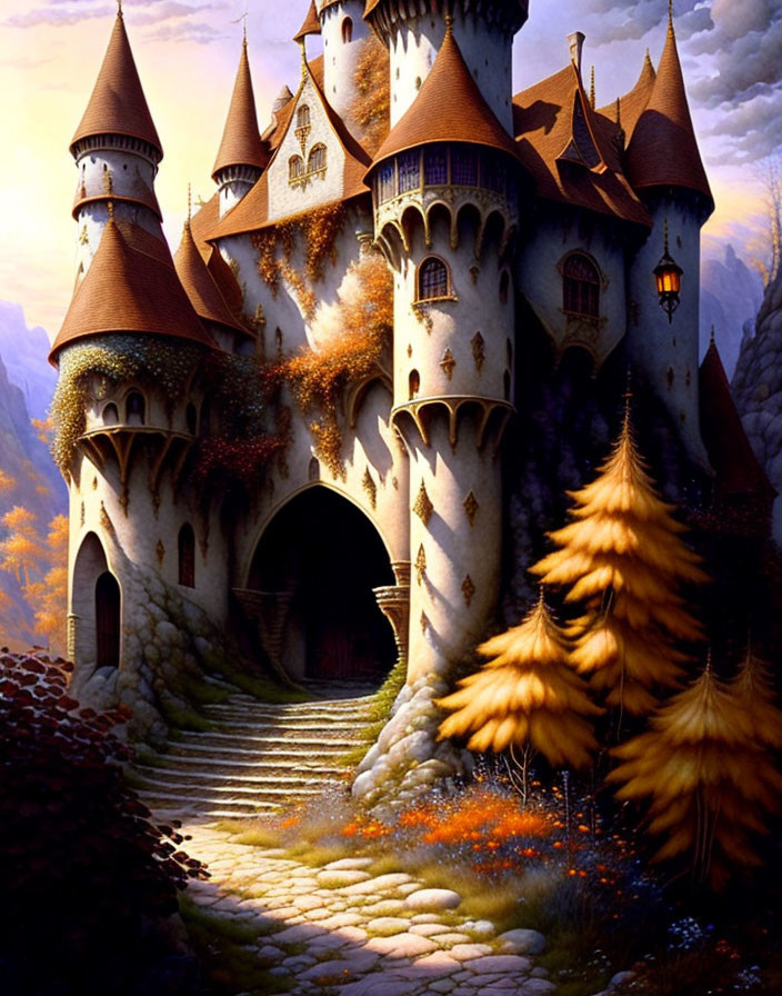 Majestic fairytale castle in autumn twilight