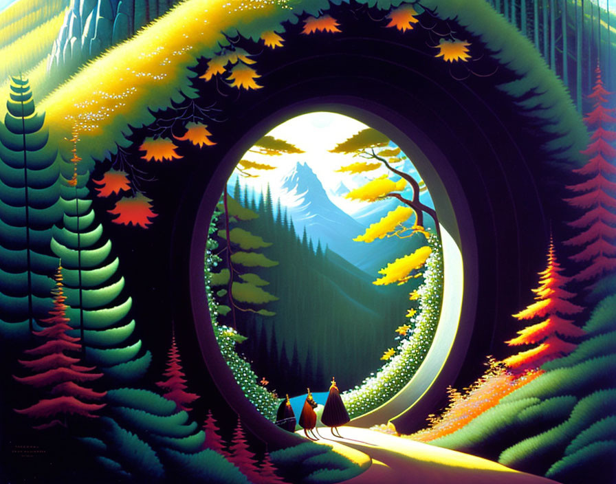 Spiraling tree-lined path in fantastical mountain landscape