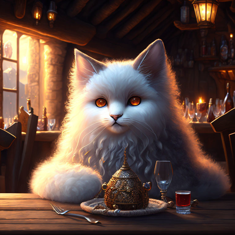 Fluffy white cat with glowing eyes at wooden table with candles, goblet, and ornate container