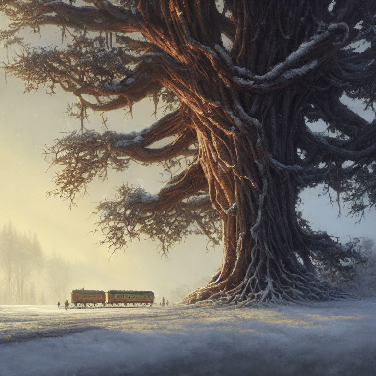 Snowy landscape with majestic tree and passing train at dusk