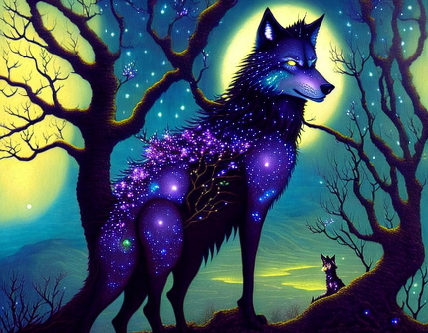 Cosmic wolf and companion in enchanted forest at night