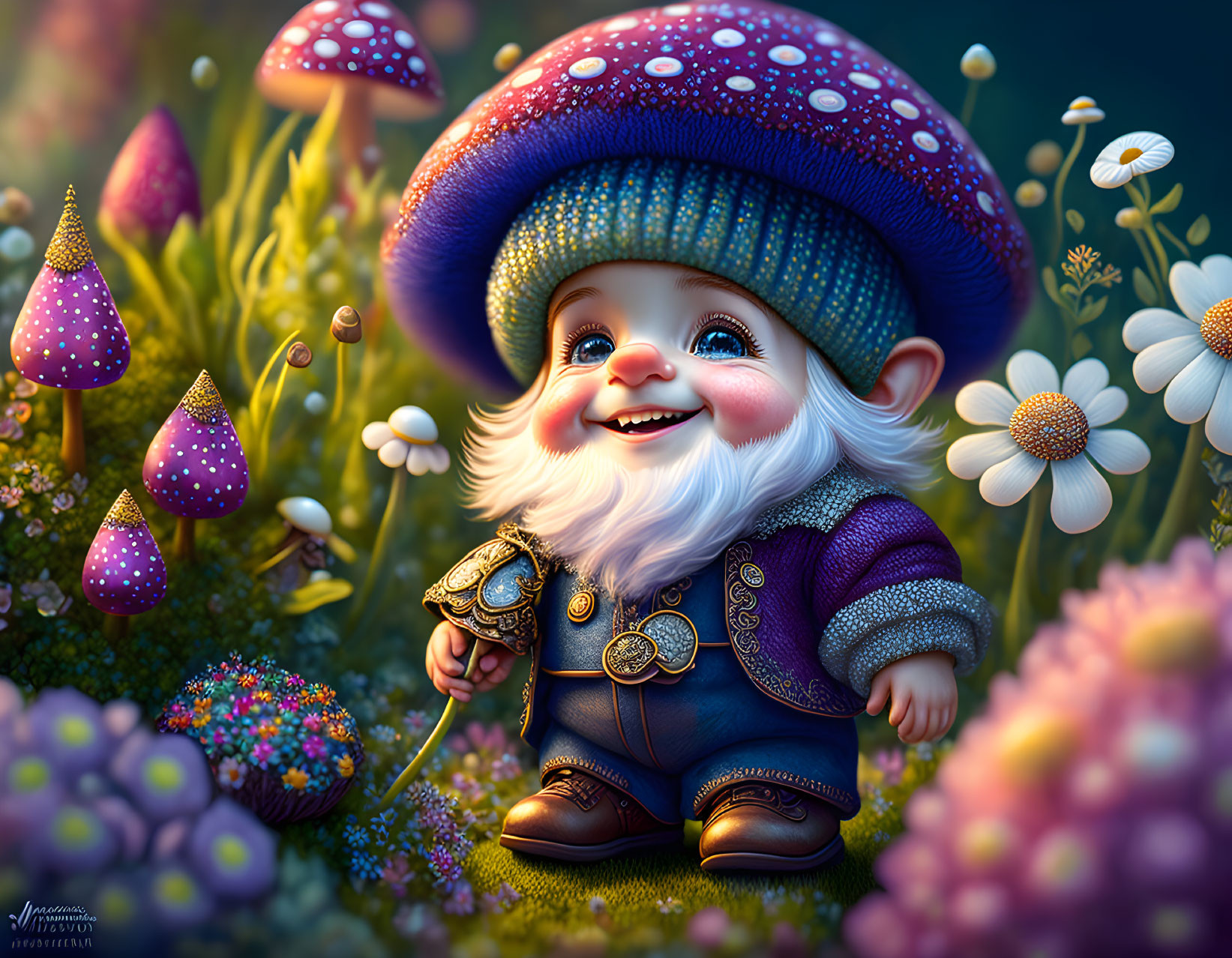 Whimsical gnome illustration with blue mushroom cap in magical garden