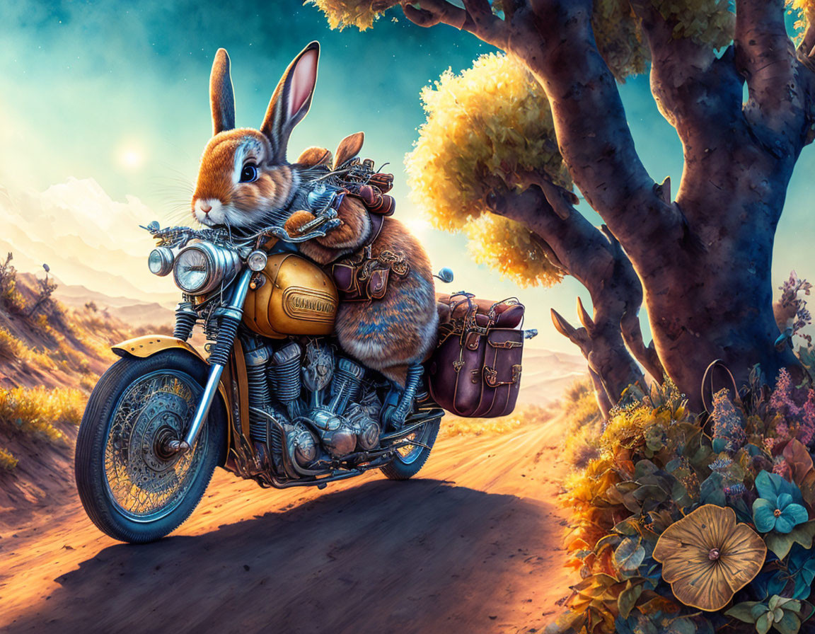 Illustration: Rabbit on motorcycle in sunset-lit fantasy landscape