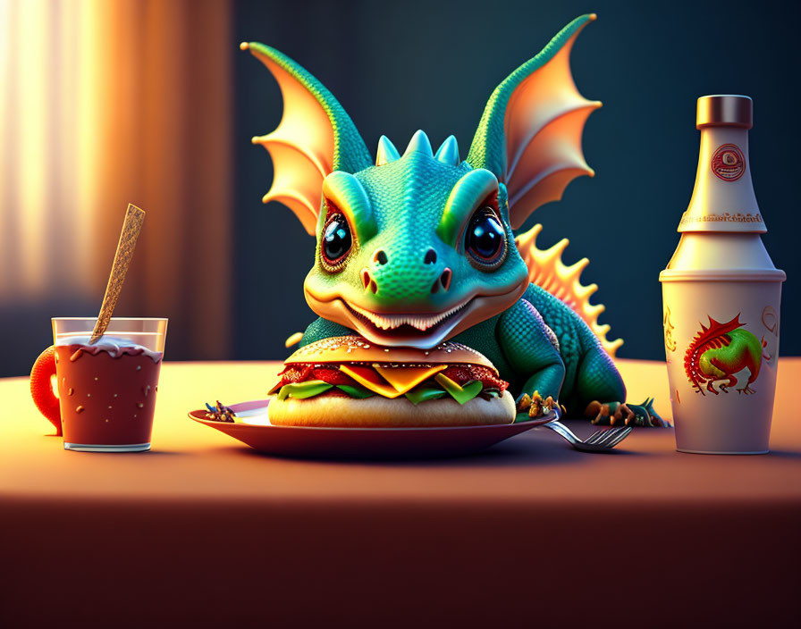 Animated dragon enjoys burger, fries, and soda at table