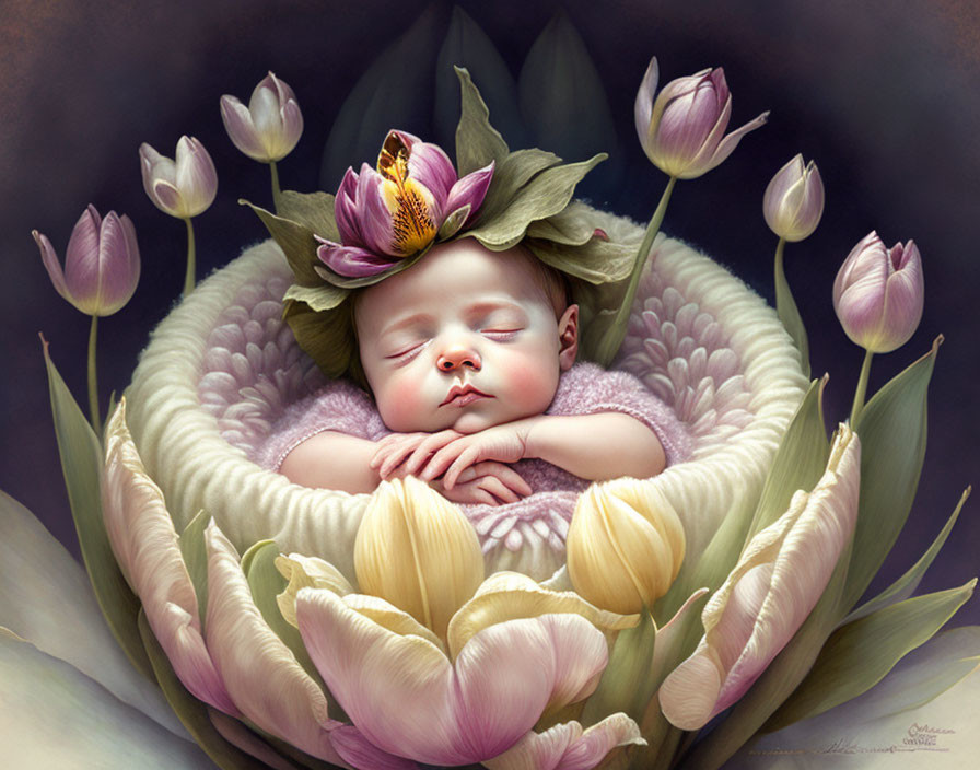 Illustration: Sleeping baby in tulips and lotus leaves.