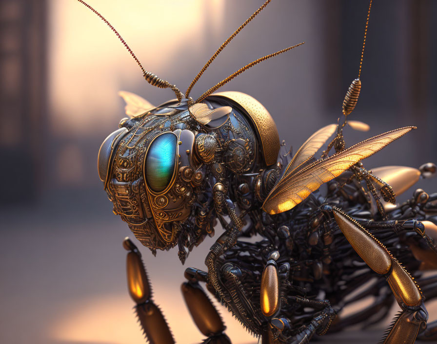 Detailed Mechanical Insect with Iridescent Eyes on Warm Background