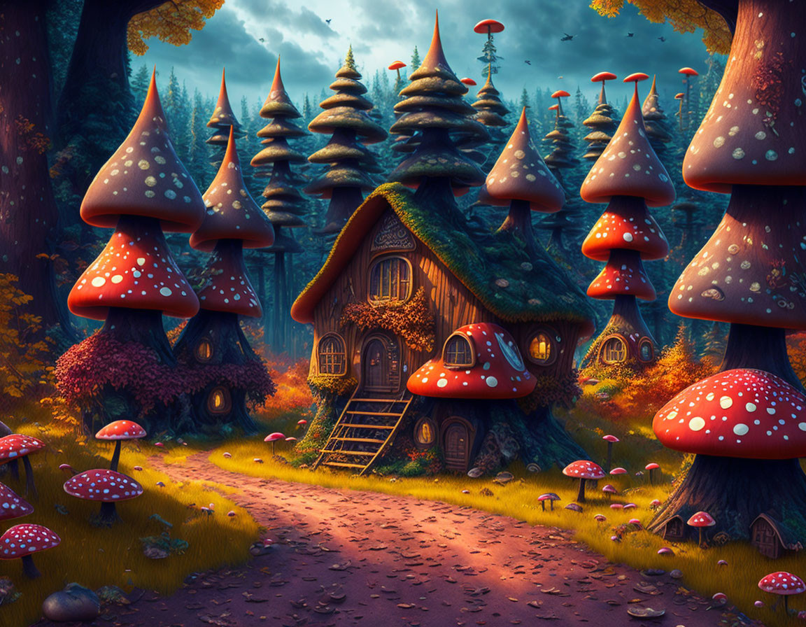 Whimsical forest with mushroom-shaped trees and houses in vibrant setting