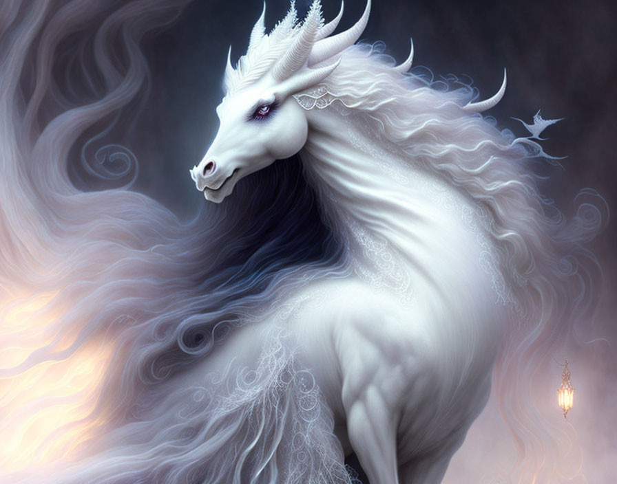 White Unicorn with Red Eyes and Spiraled Horn in Mystical Setting