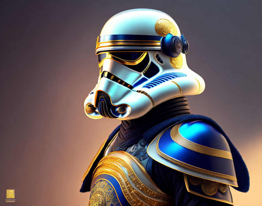 Digital Artwork: Stormtrooper Helmet with Blue and Gold Samurai Armor