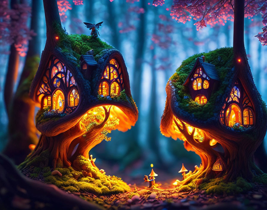 Enchanting forest scene with whimsical glowing treehouses