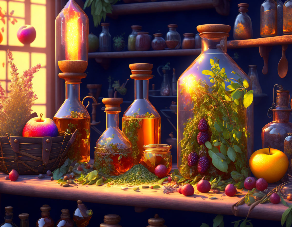 Twilight still life with illuminated potion bottles, plants, fruits, and berries