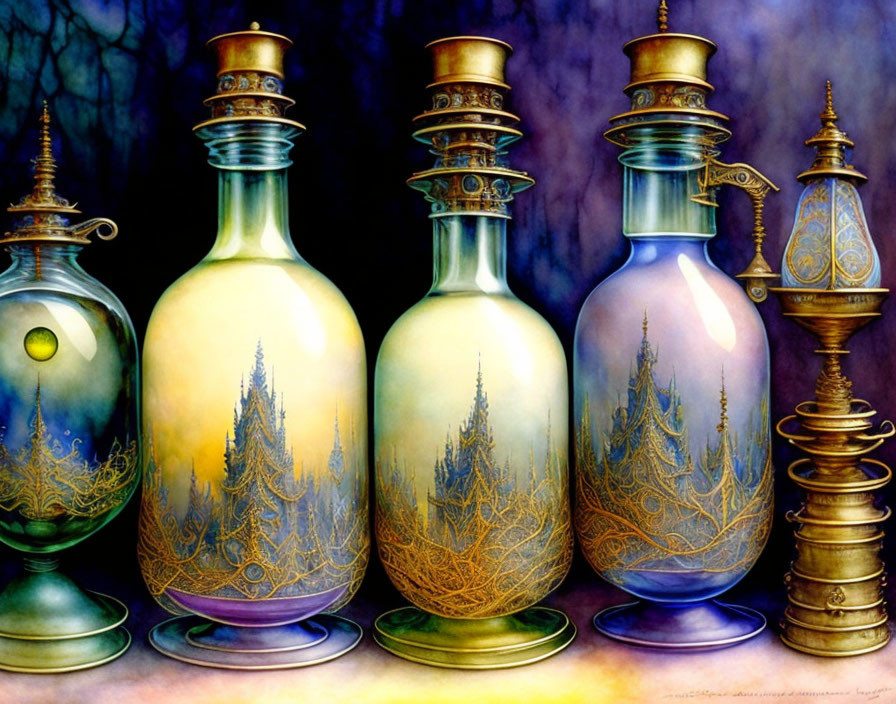 Ornate mystical bottles with castle designs on purple and blue background