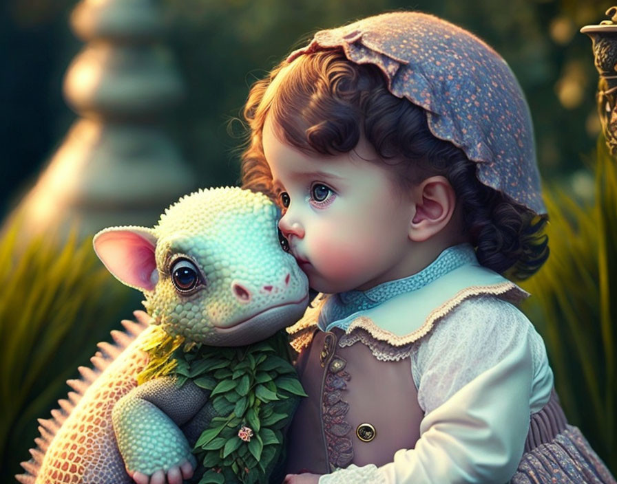 Child kissing baby dragon in dreamy garden scene