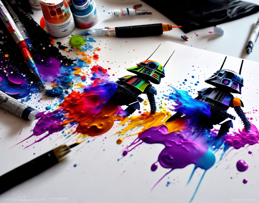 Vibrant artwork featuring two robots in colorful paint splatters