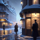 Vintage-attired couple on snowy, lamp-lit street at night