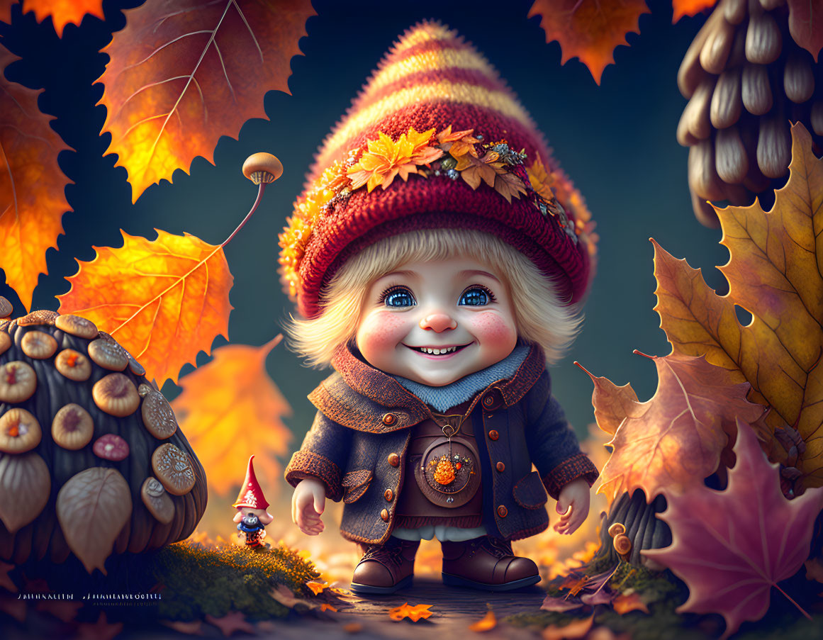 Cheerful fantasy gnome in leaf attire with autumn elements