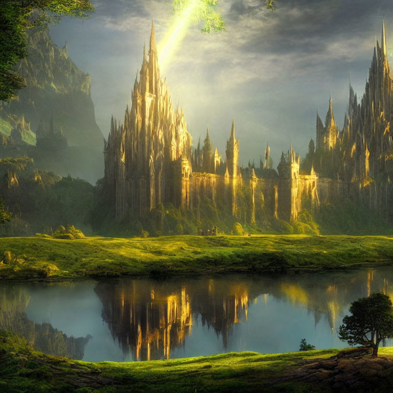 Sunlit castle reflected in tranquil lake amidst verdant terrain & rugged peaks