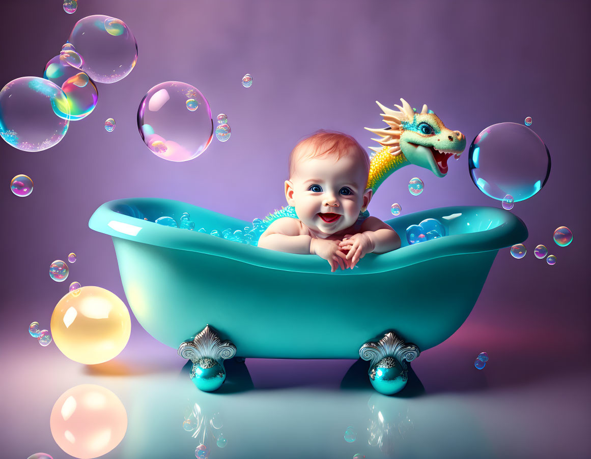 Happy Baby in Blue Bathtub with Toy Dragon and Bubbles on Purple Background