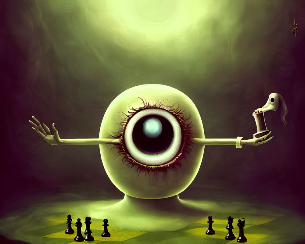 Surreal artwork: Large eyeball with arms, bird skull head, playing chess under greenish