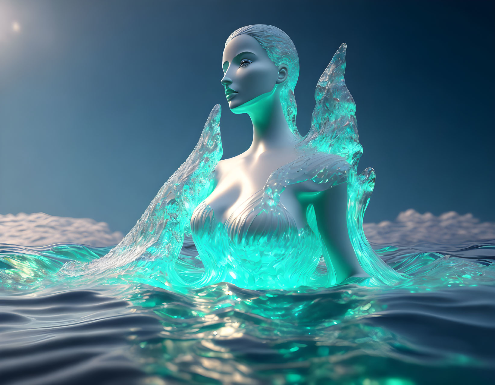 Female figure with transparent water-like wings in 3D rendering