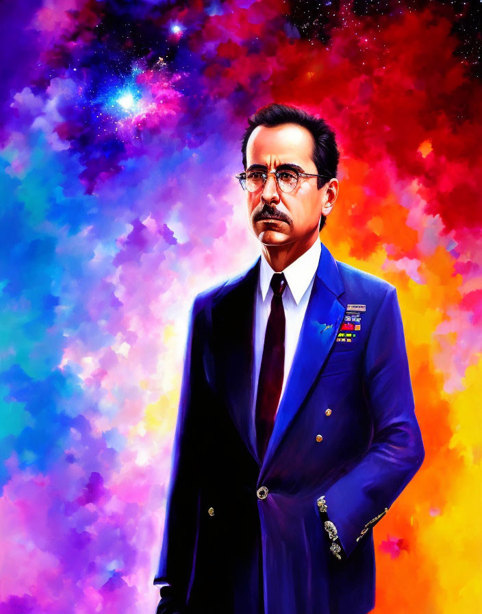 Colorful Portrait of Man with Mustache in Suit Against Vibrant Cosmic Background