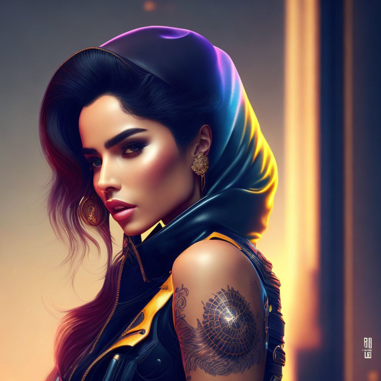 Colorful Headscarf and Leather Jacket Woman Portrait with Earring and Shoulder Tattoo