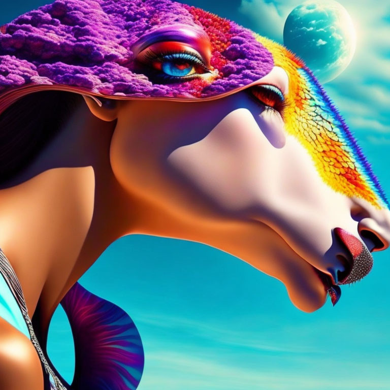 Vibrant surreal humanoid figure with horse-like features in whimsical hat against blue sky