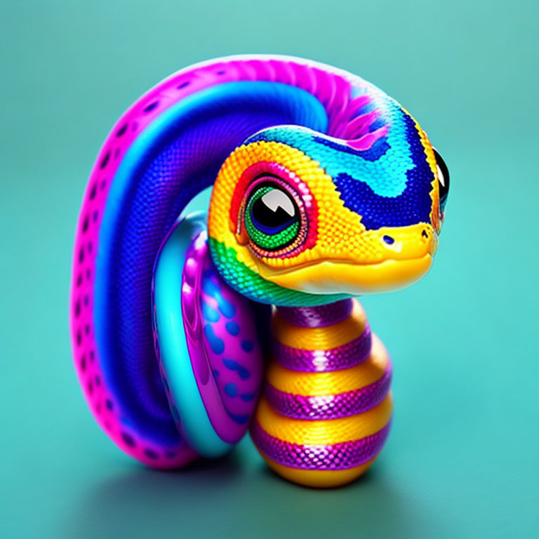 Vibrant Toy Snake Art with Blue, Purple, Yellow, and Pink Patterns