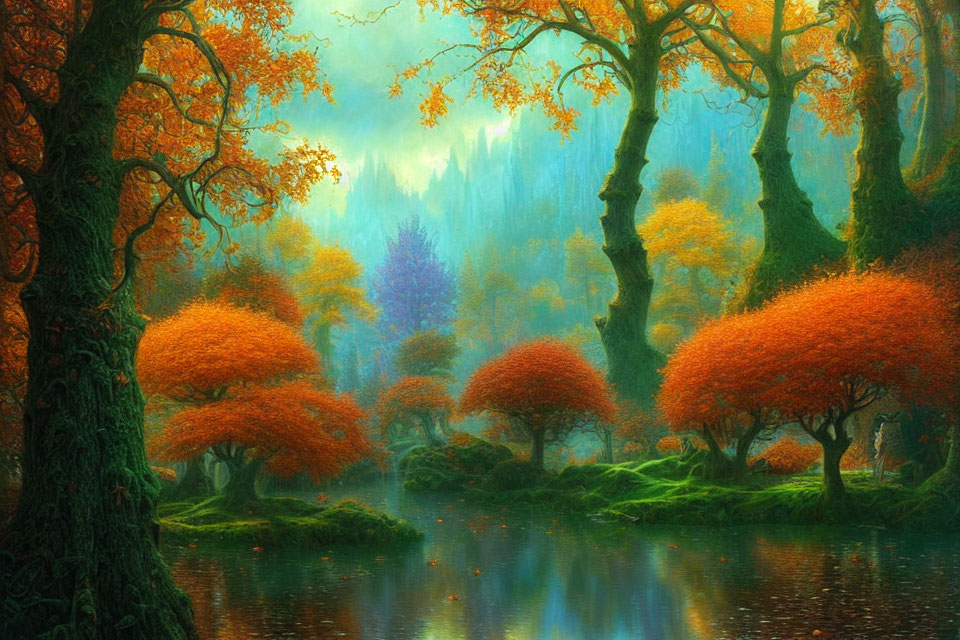 Ethereal autumn forest with orange trees reflected in tranquil river