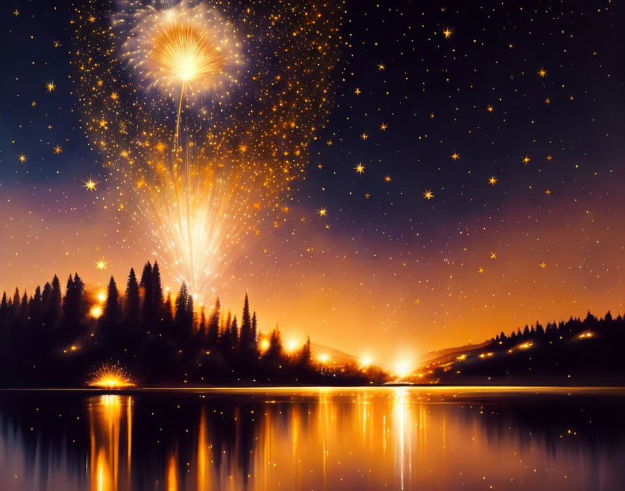 Fireworks Show Reflecting on Tranquil Lake and Starry Night Sky