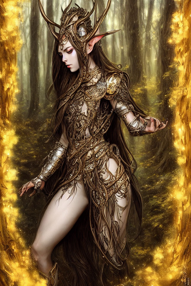 Elven warrior in ornate armor amidst golden forest