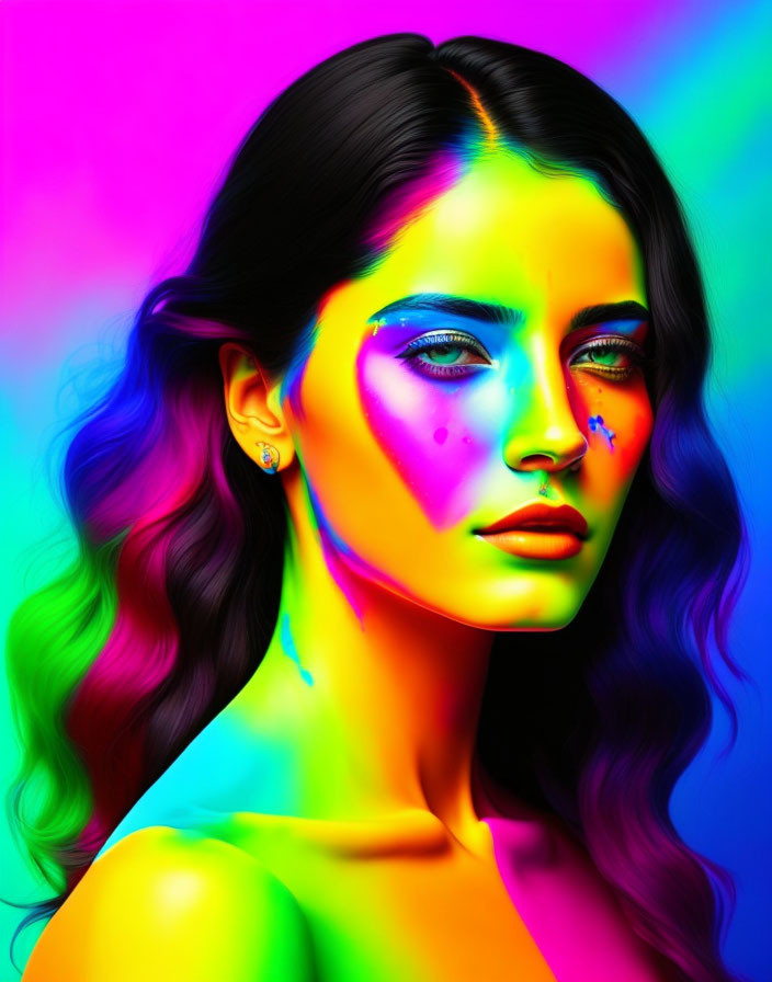 Vibrant neon makeup portrait on psychedelic multicolored background