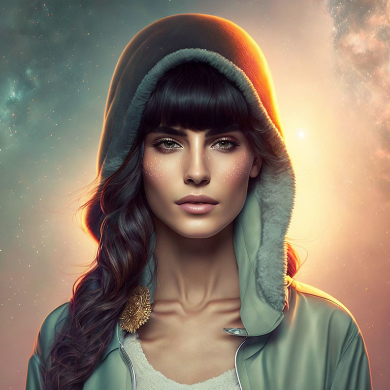 Detailed digital portrait of a woman with hood and surreal glow, featuring intricate hair and piercing eyes on warm