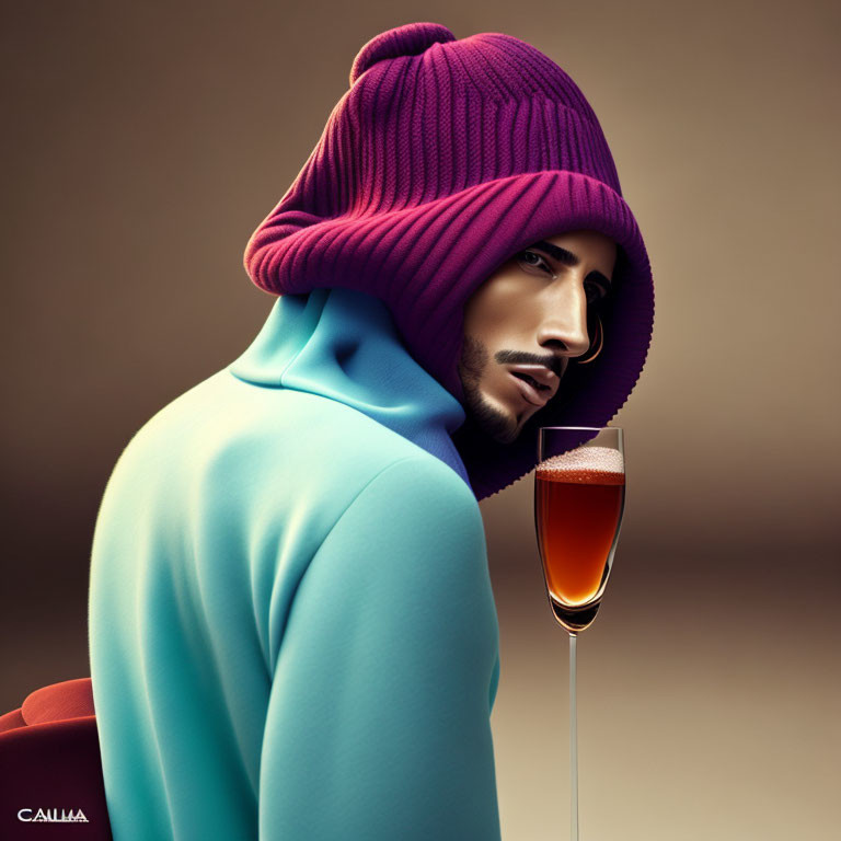 Stylized man with beard in pink beanie and blue coat illustration