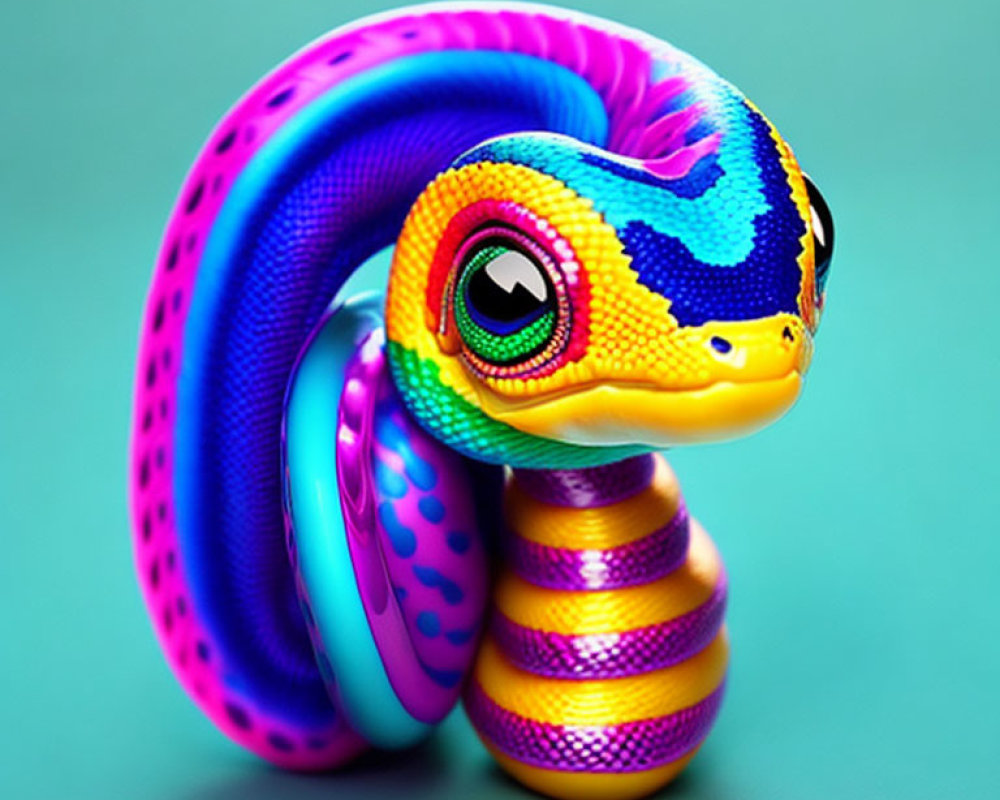 Vibrant Toy Snake Art with Blue, Purple, Yellow, and Pink Patterns