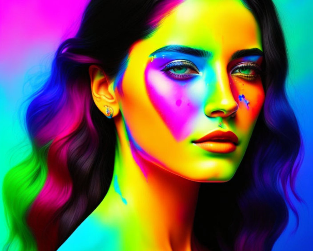 Vibrant neon makeup portrait on psychedelic multicolored background