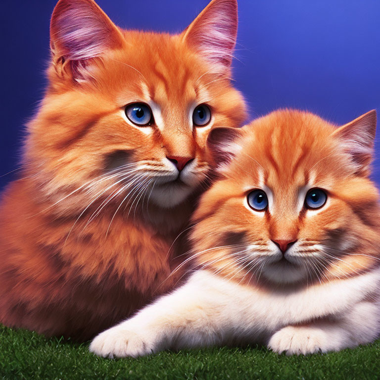 Fluffy orange cats with blue eyes on blue background