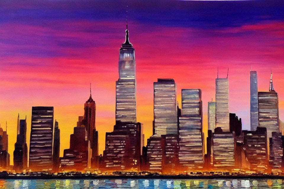 Colorful New York City skyline painting at sunset with iconic skyscrapers and water reflection.