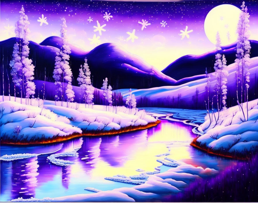 Stylized winter night scene with purple sky, full moon, river, snow-covered trees