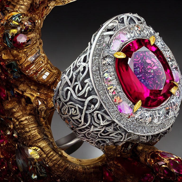 Pink Gemstone Ring with Intricate Silver Setting & Multicolored Gems