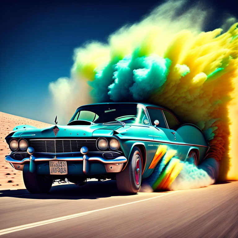 Vintage Turquoise Car with Colorful Smoke on Desert Road