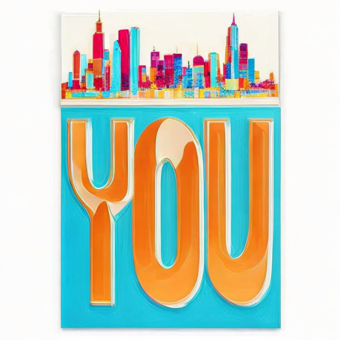 Colorful cityscape above word "YOU" on white background