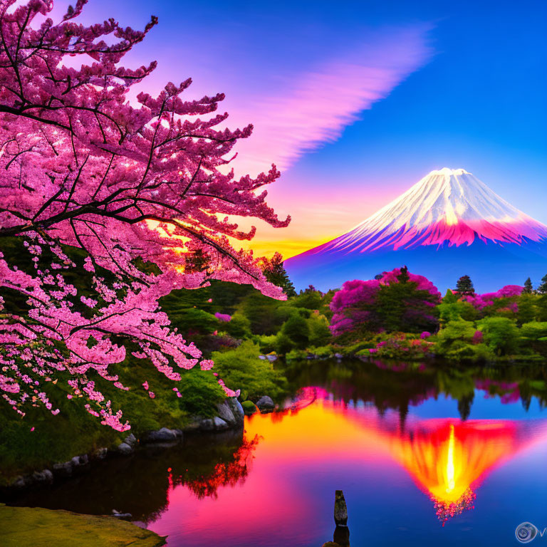 Pink Cherry Blossoms Surrounding Snow-Capped Mount Fuji at Dusk