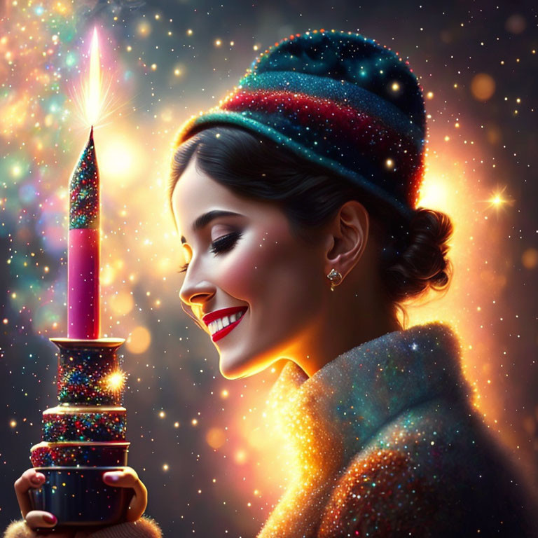 Woman in glittery outfit holding oversized lit candle against starry backdrop