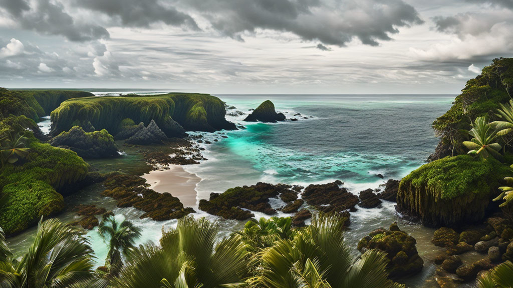 Scenic tropical coastline with lush greenery and turquoise sea