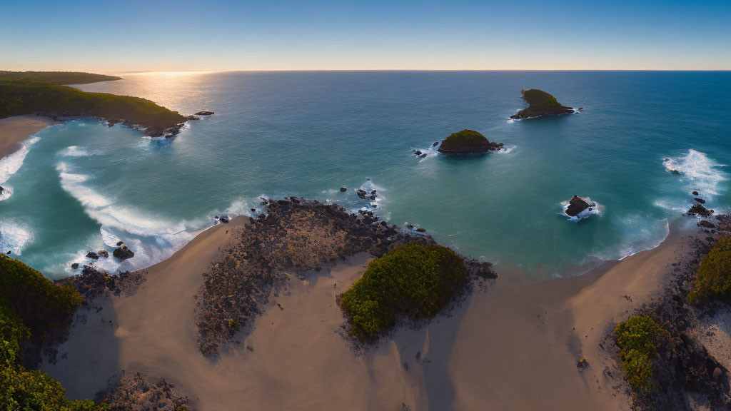 Serene sunset coastal panorama with crashing waves and verdant foliage