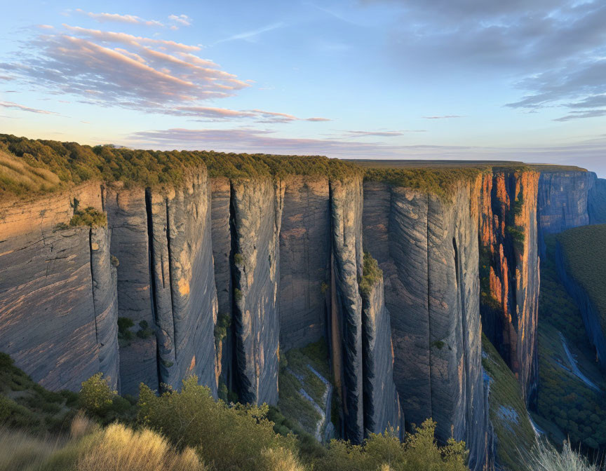 Golden-lit sunset over vertical cliff with layered rock faces and greenery under partly cloudy sky